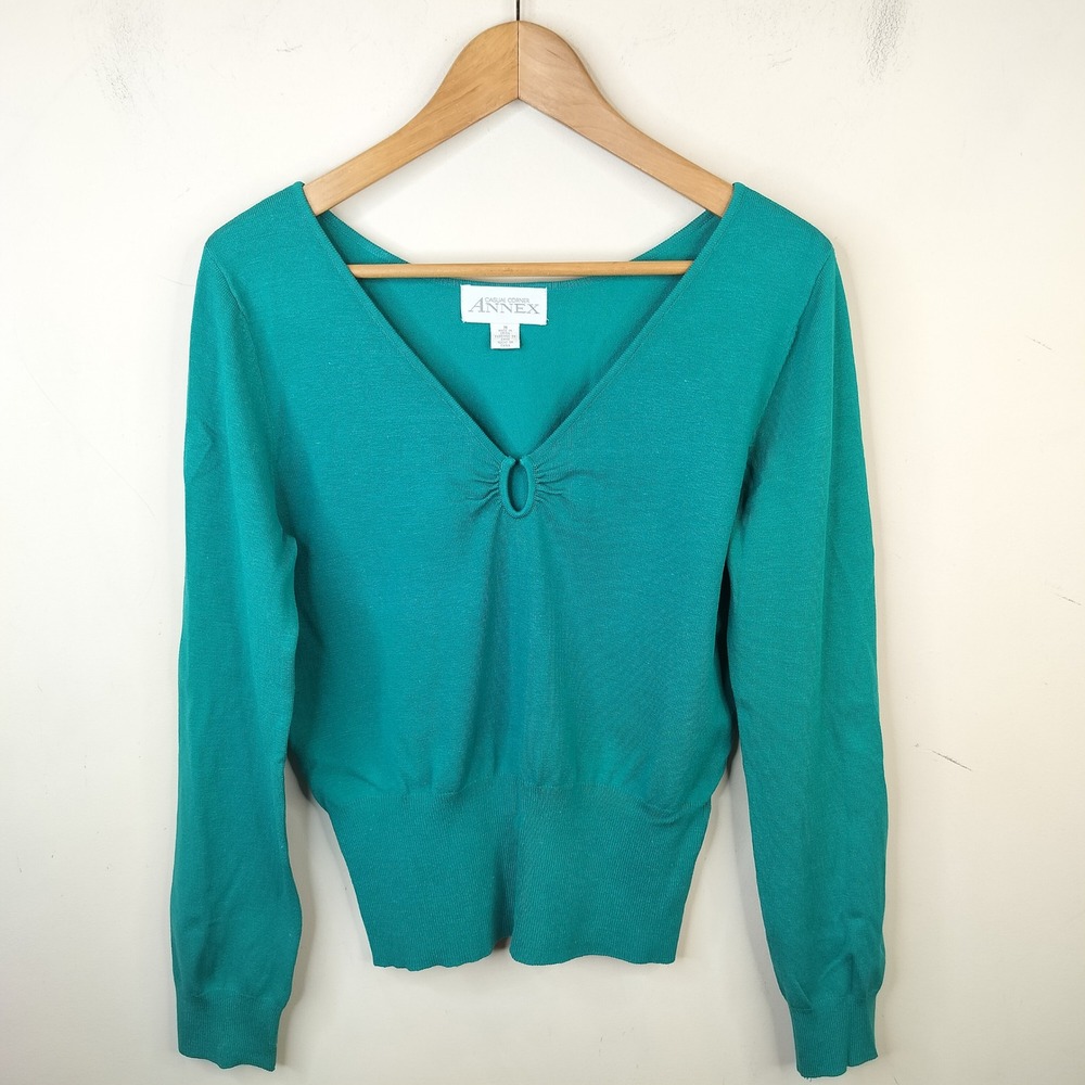 Casual Corner Silk Knit Sweater Medium V-Neck Vintage Y2K Emerald Green